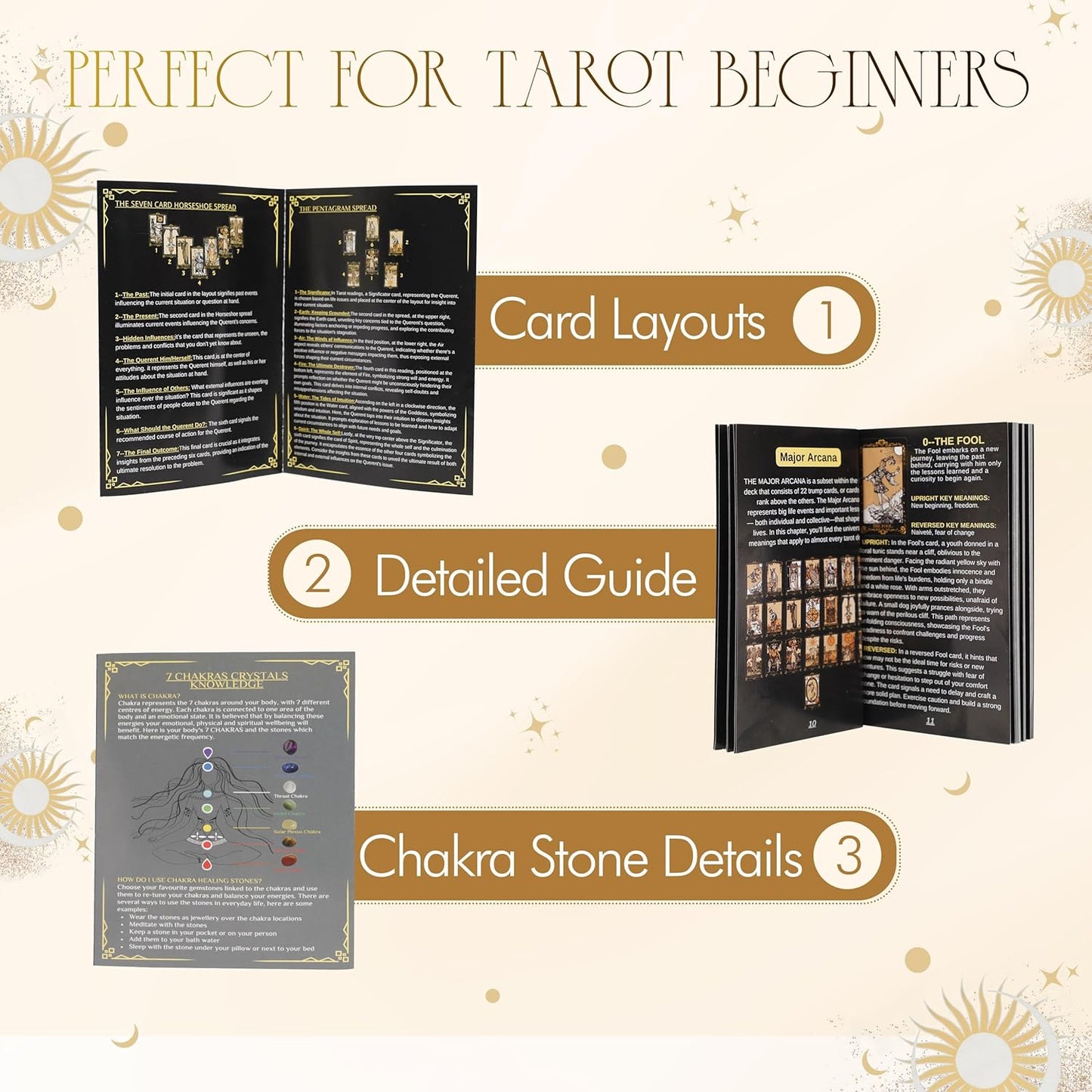 Tarot Cards with Guide Book, 78 Black Tarot Cards Set with Tarot Cloth, Chakra Stones, Tarot Bag and More, Classic Tarot Cards for Beginners Kit, Tarot Deck Fortune Telling Game