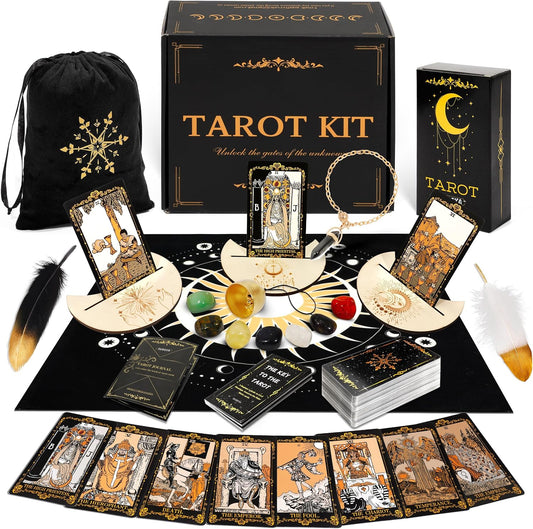 Tarot Cards with Guide Book, 78 Black Tarot Cards Set with Tarot Cloth, Chakra Stones, Tarot Bag and More, Classic Tarot Cards for Beginners Kit, Tarot Deck Fortune Telling Game